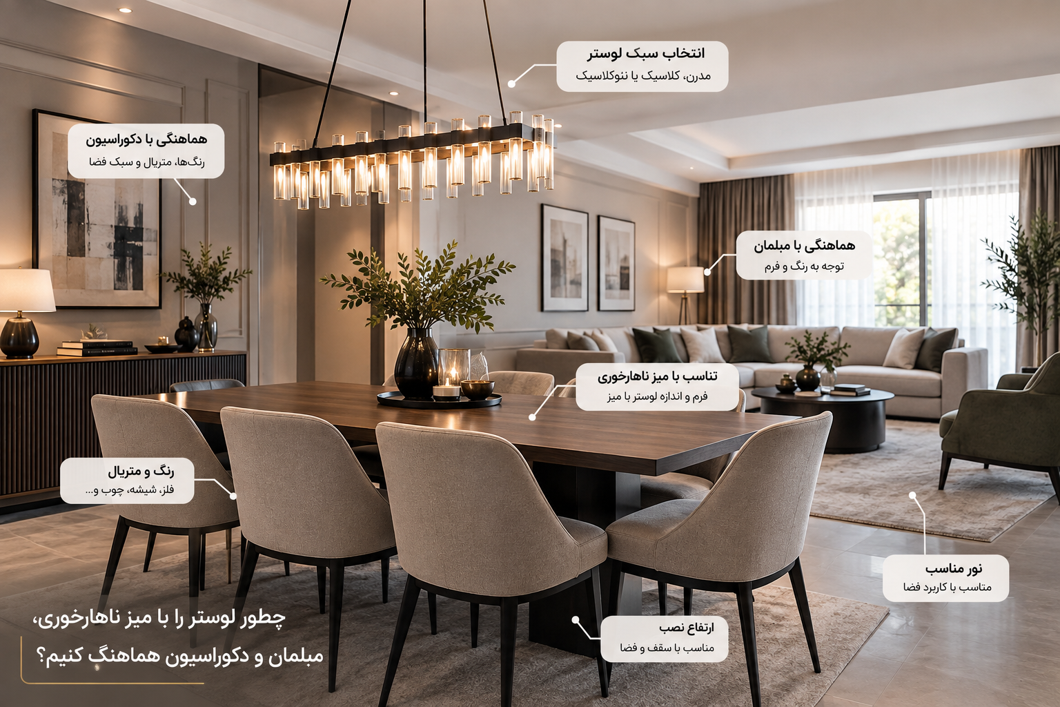 چطور لوستر را با میز ناهارخوری، مبلمان و دکوراسیون هماهنگ کنیم؟