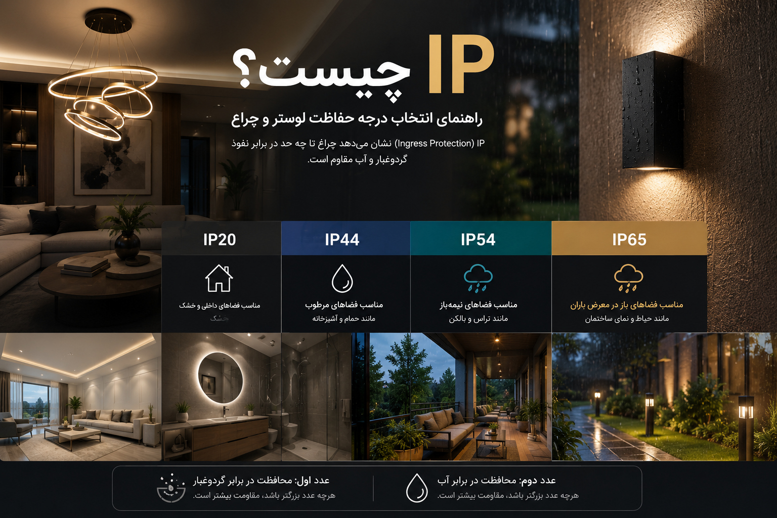 راهنمای کامل درجه حفاظت IP در لوستر و چراغ